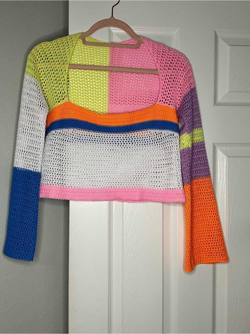 Colorblock Crochet Open Knit Crop Sweater Multicolor Size M